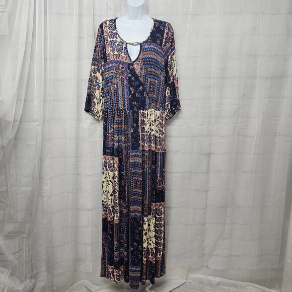 One World Dress Blue Peasant Hippie Patchwork Maxi Floral Boho 1X - Picture 10 of 10
